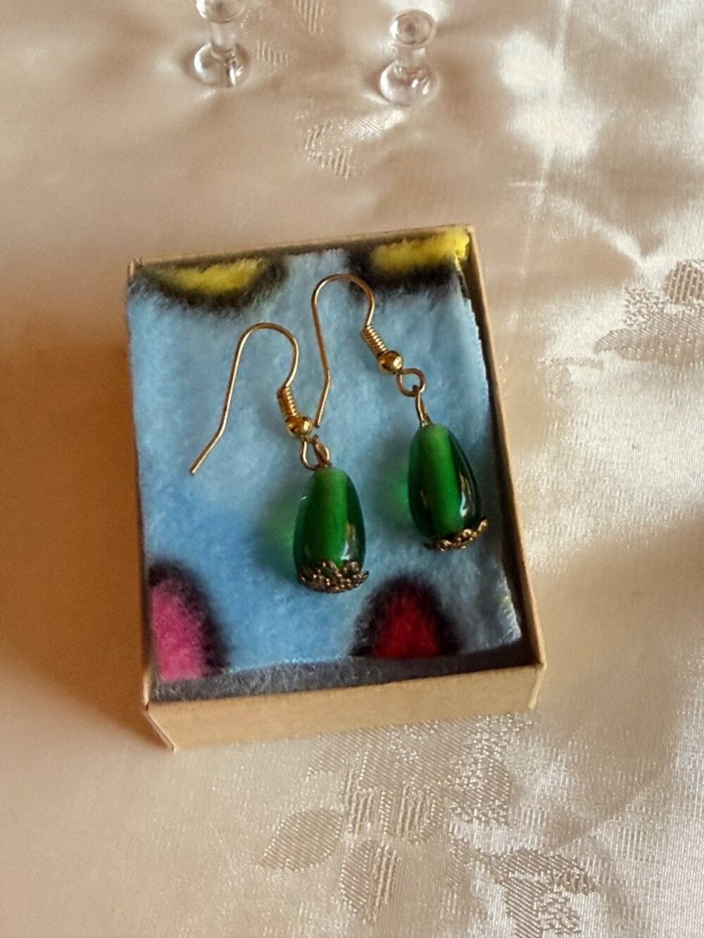 Green Glass Teardrop Dangle Earrings w/ Gold-Tone Accents